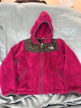 The North Face Kids Magenta Hooded Fleece Jacket with Black Yoke